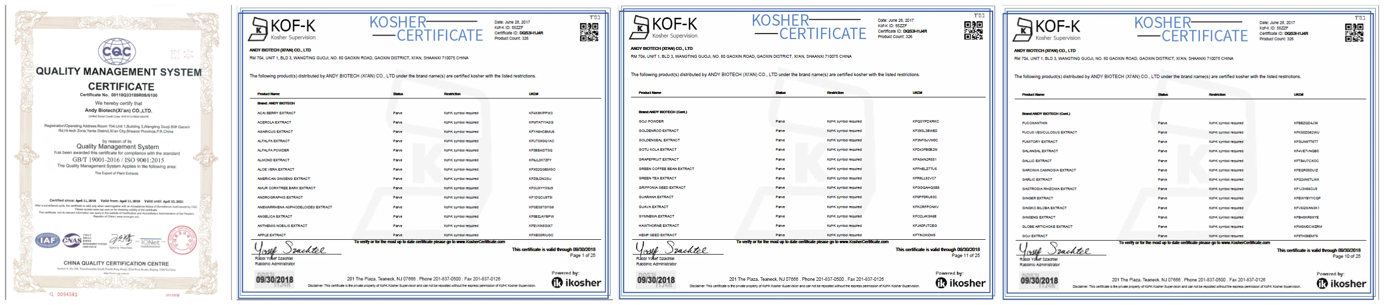 Certificates: ISO, Kosher